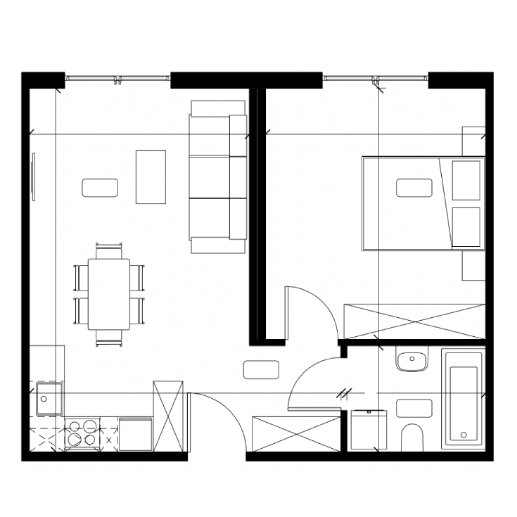 Grundriss Typ A1 — 1 Zimmer · Bad, 45,81 m²