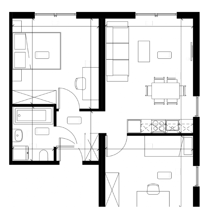 Grundriss Typ B1 — 2 Zimmer · Bad, 53,22 m²