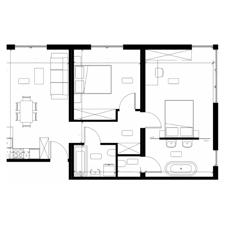 Grundriss Typ C3 — 2 Zimmer · 2 Bäder · WC, 75,93 m²