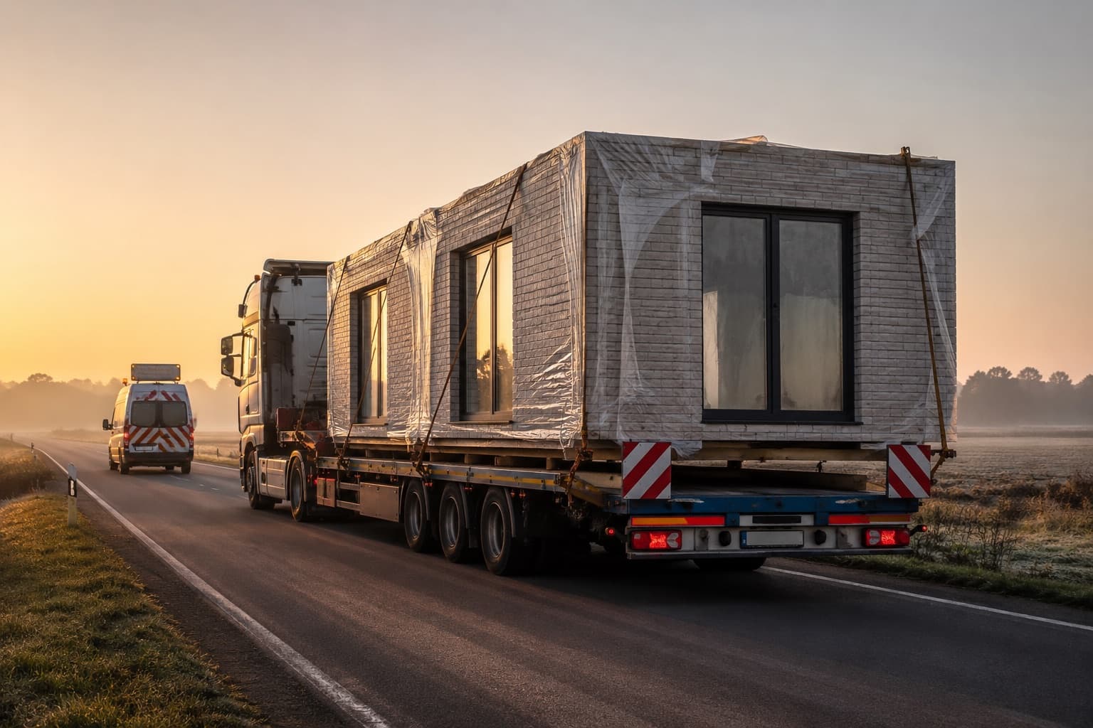 Tieflader transportiert ein fertiges Raummodul mit Klinkerfassade im Morgenlicht